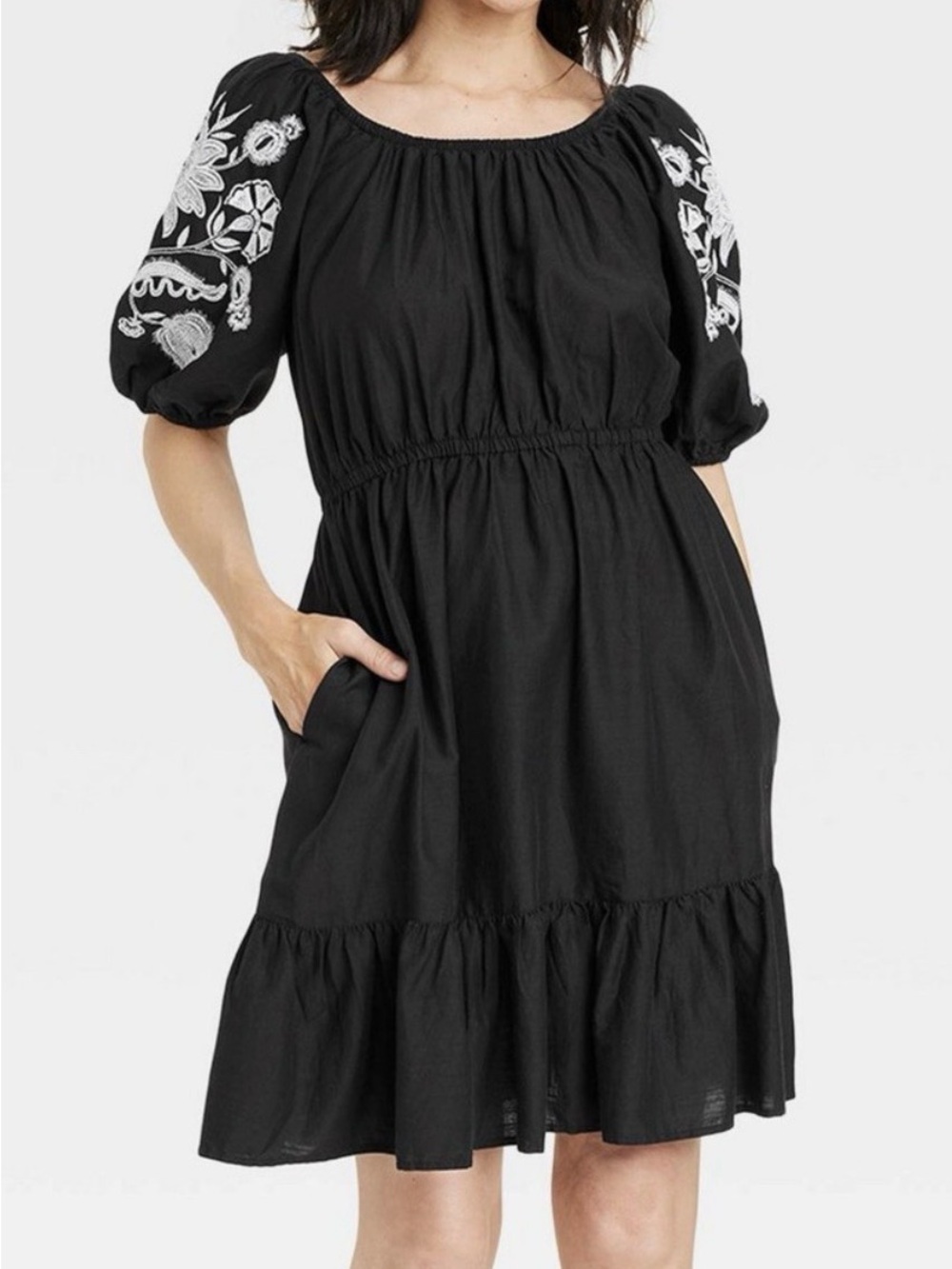 Women's 3/4 Sleeve Embroidered Midi Dress - Knox Rose Black Medium M Puff Sleeve